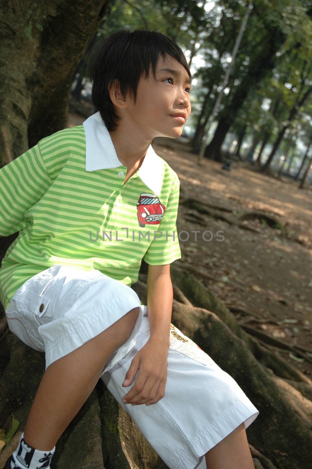 photograph of little asian boy sit down in park