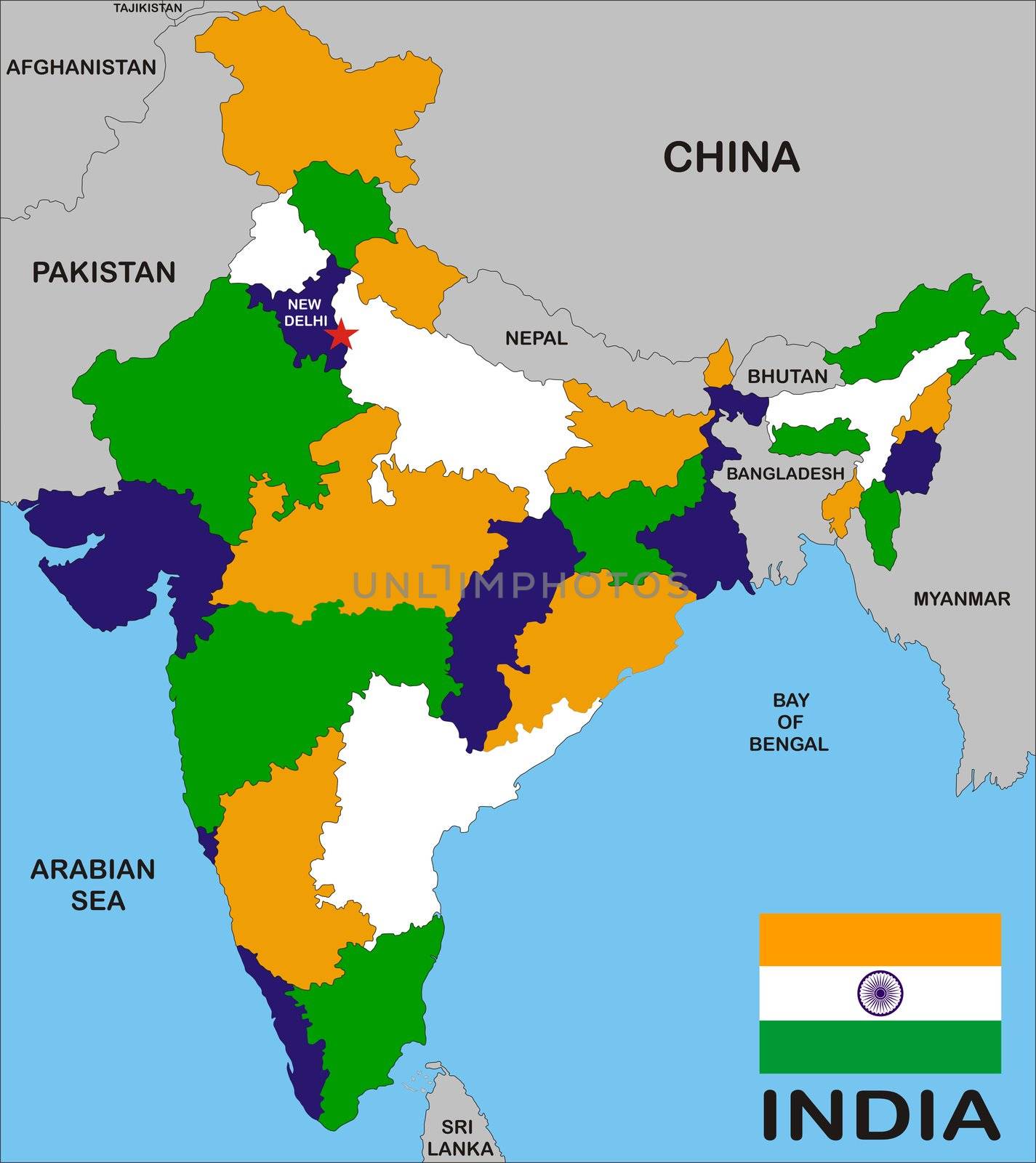 India map with states and boundary and flag