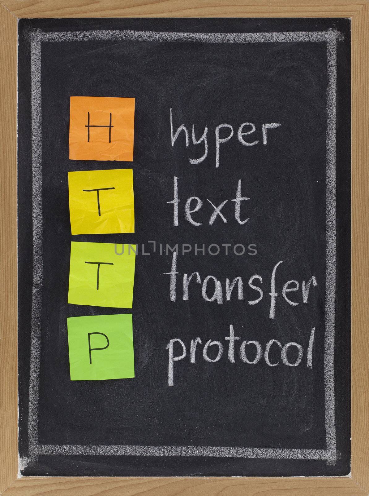 http (hyper text transfer protocol) acronym explained on blackboard, color sticky notes and white chalk handwriting