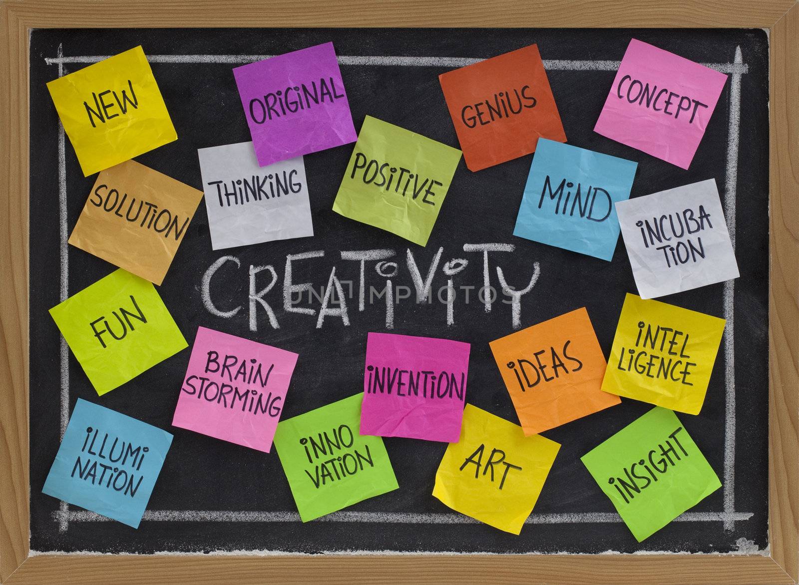 creativity concept - related cloud of words, color sticky notes and white chalk handwriting on blackboard