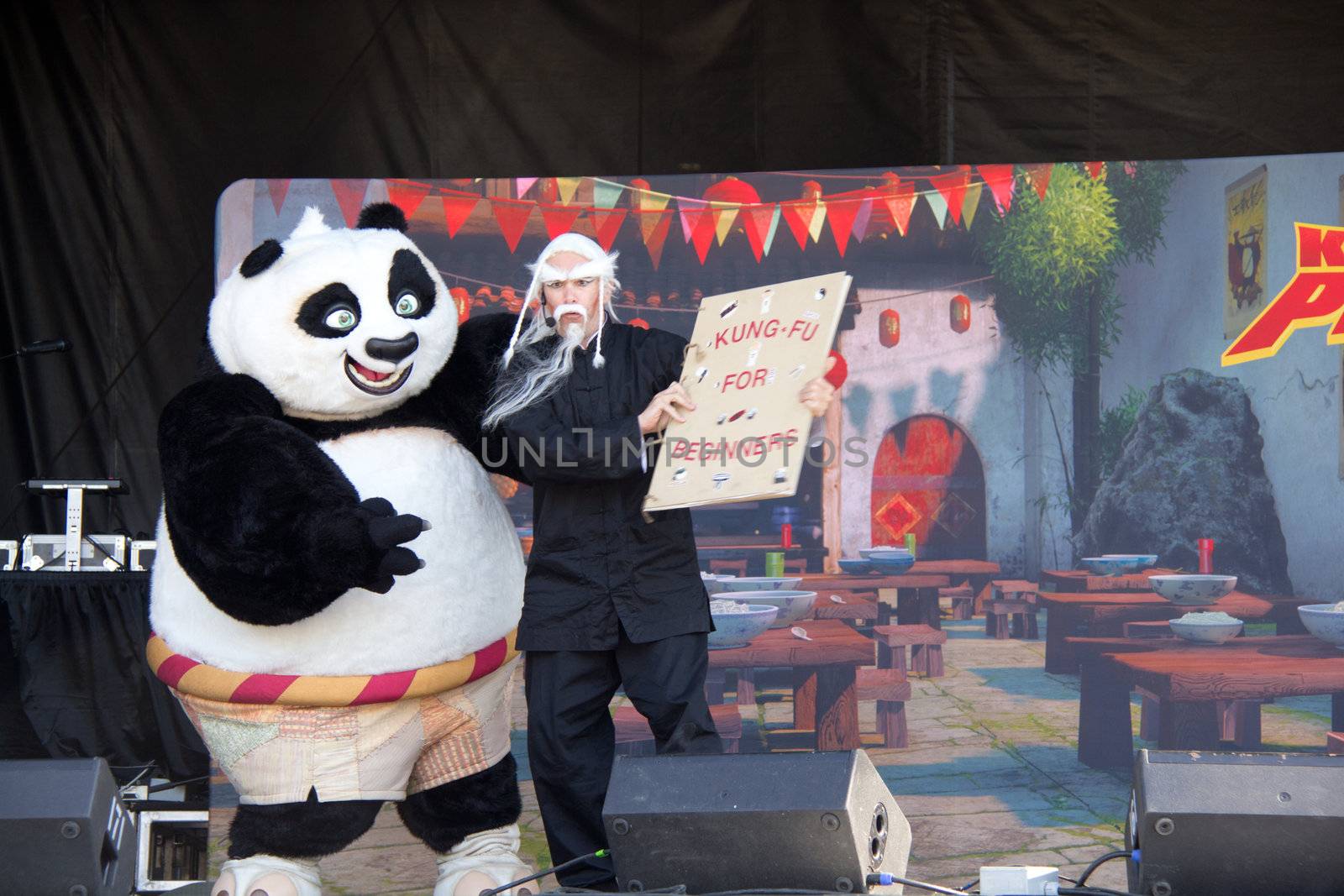 Po and the kung fu master performing at the Kung fu Panda experience show