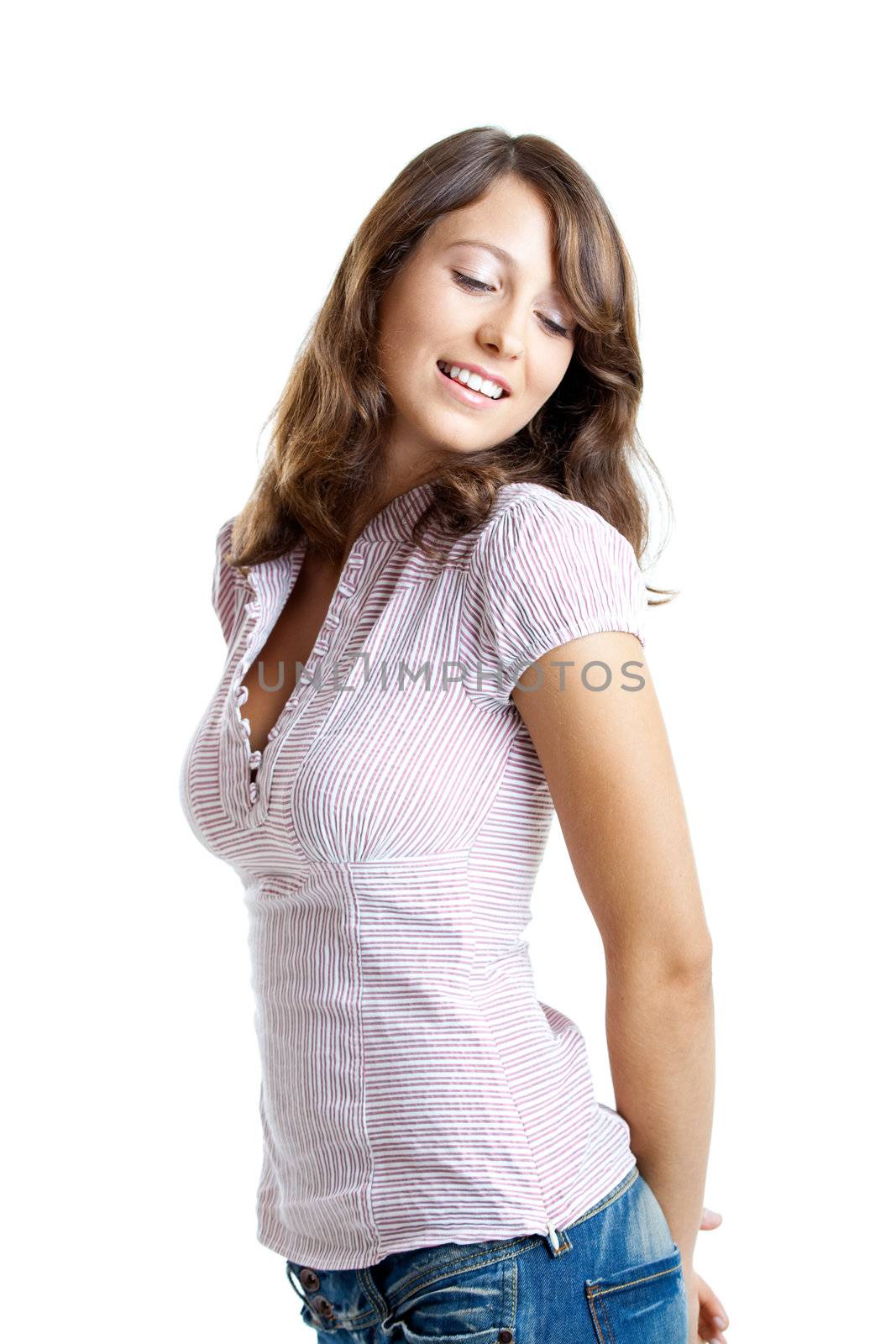 Portrait of a beautiful and happy young woman, isolated on white