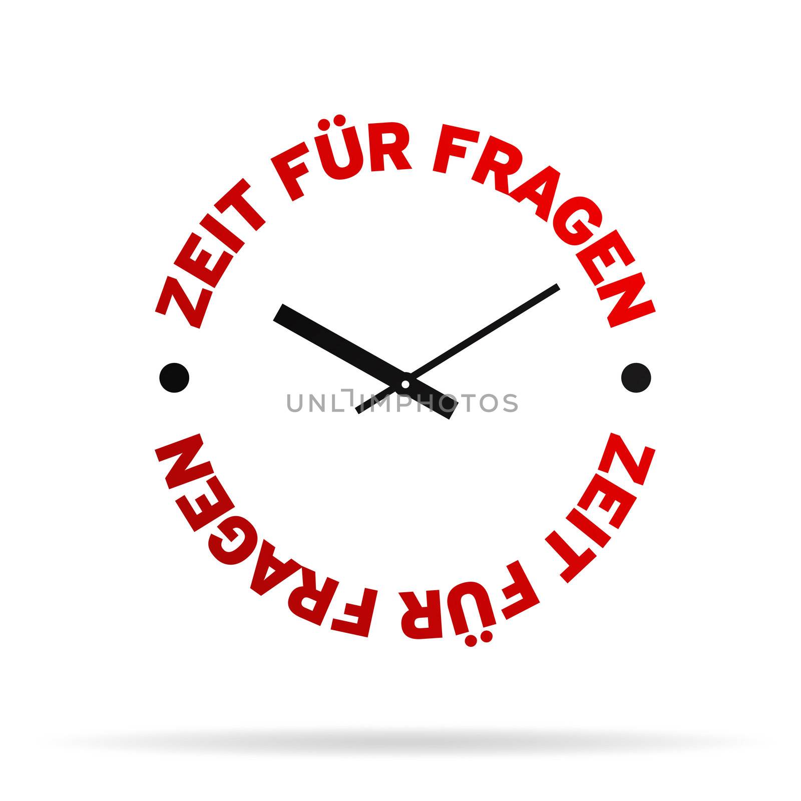 High resolution clock with the words time for questions on white background.