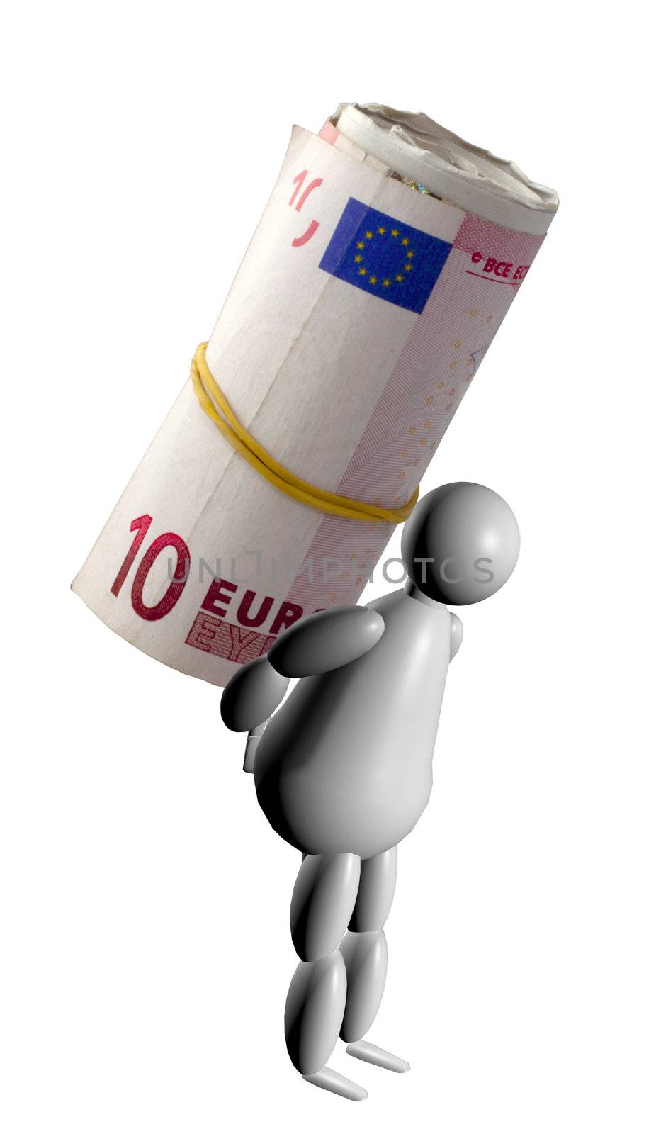 3D Puppet bearing a big roll of euros