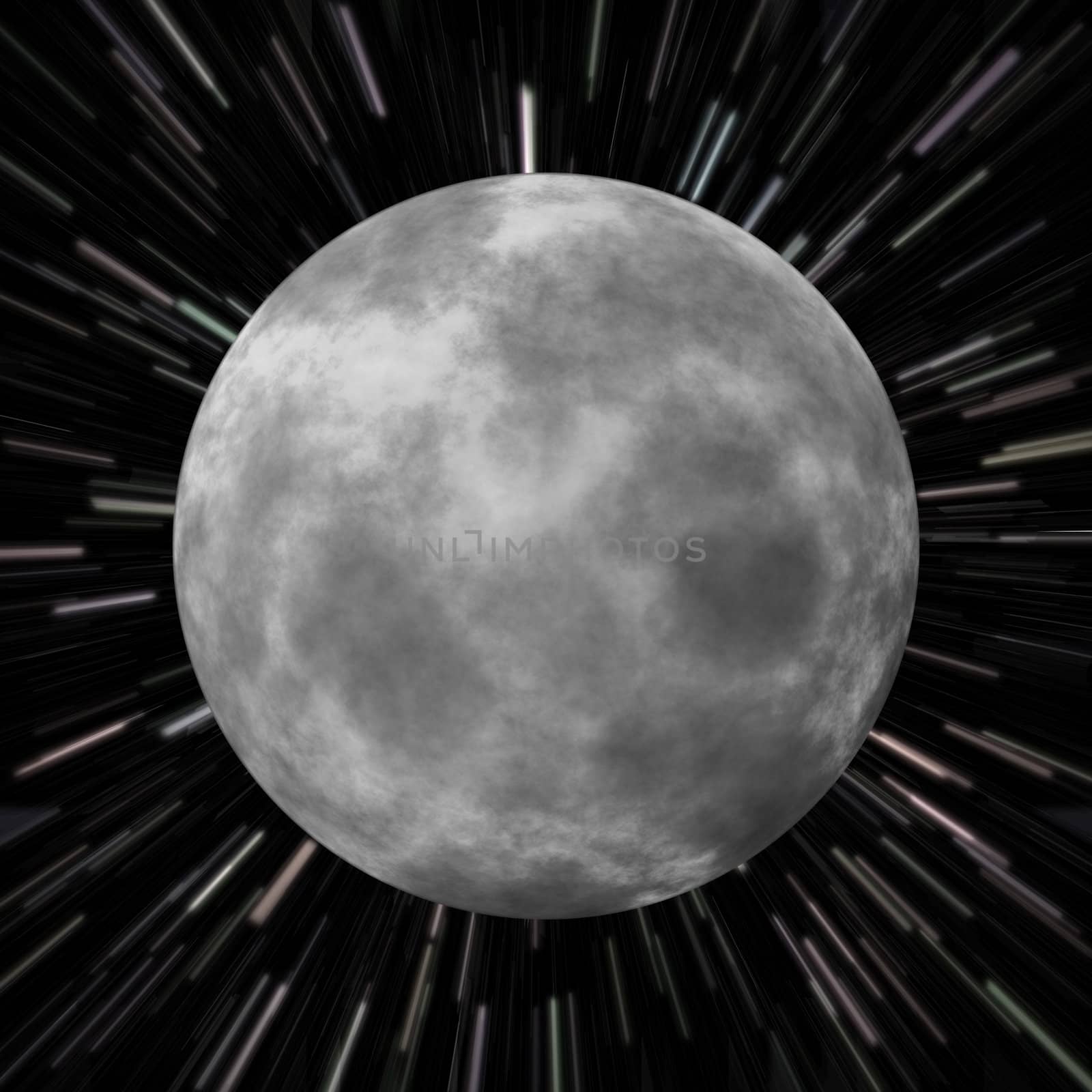 Illustration of the moon over a star field background with high speed effects to show movement.