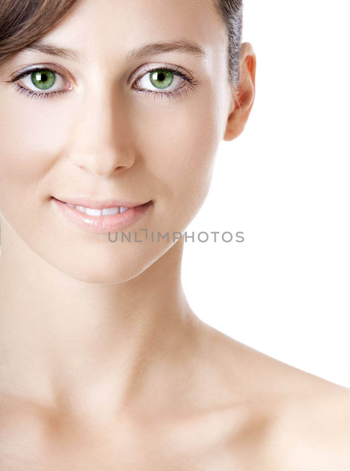 Young woman with beautiful green eyes, isolated on white