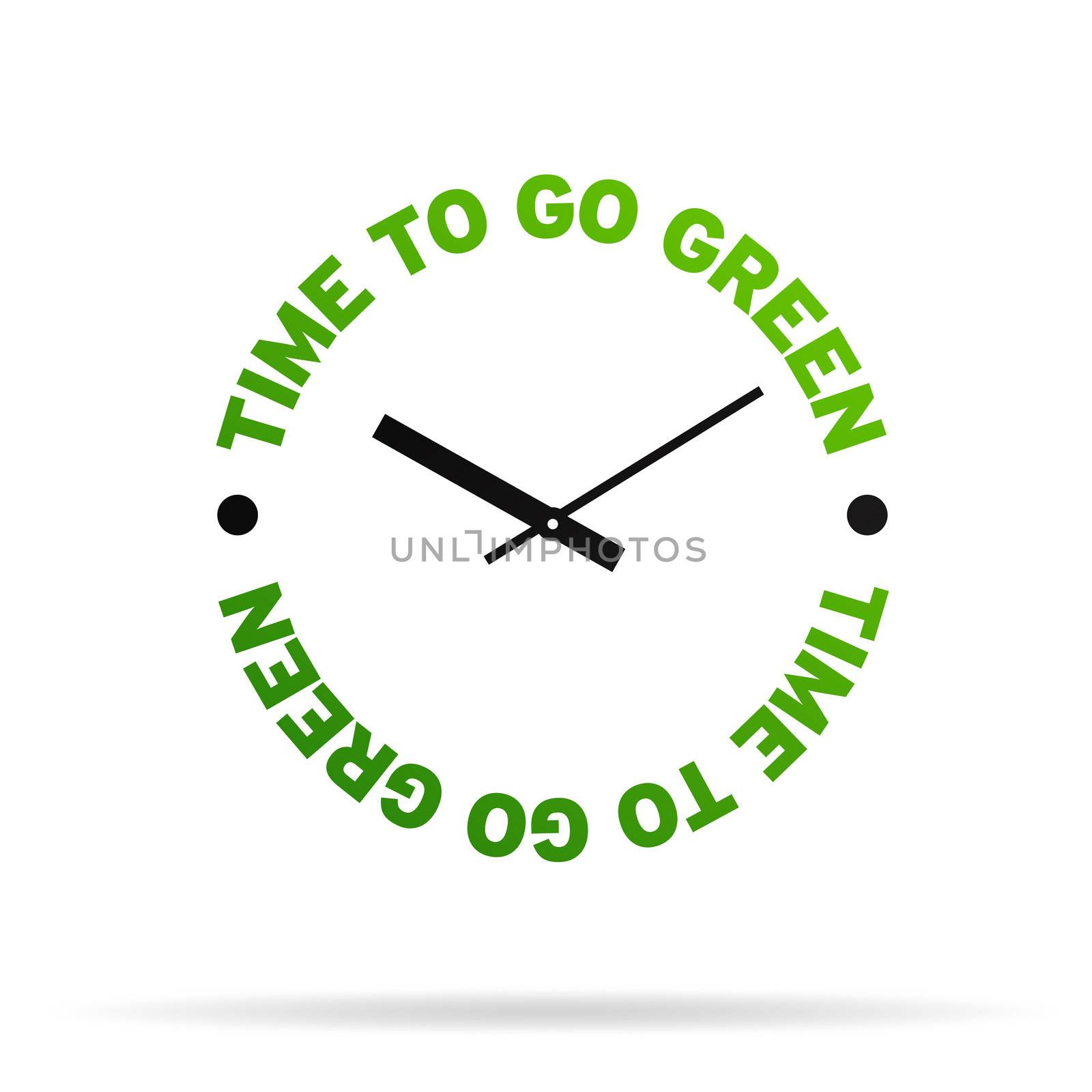 High resolution clock with the words time to go green on white background.