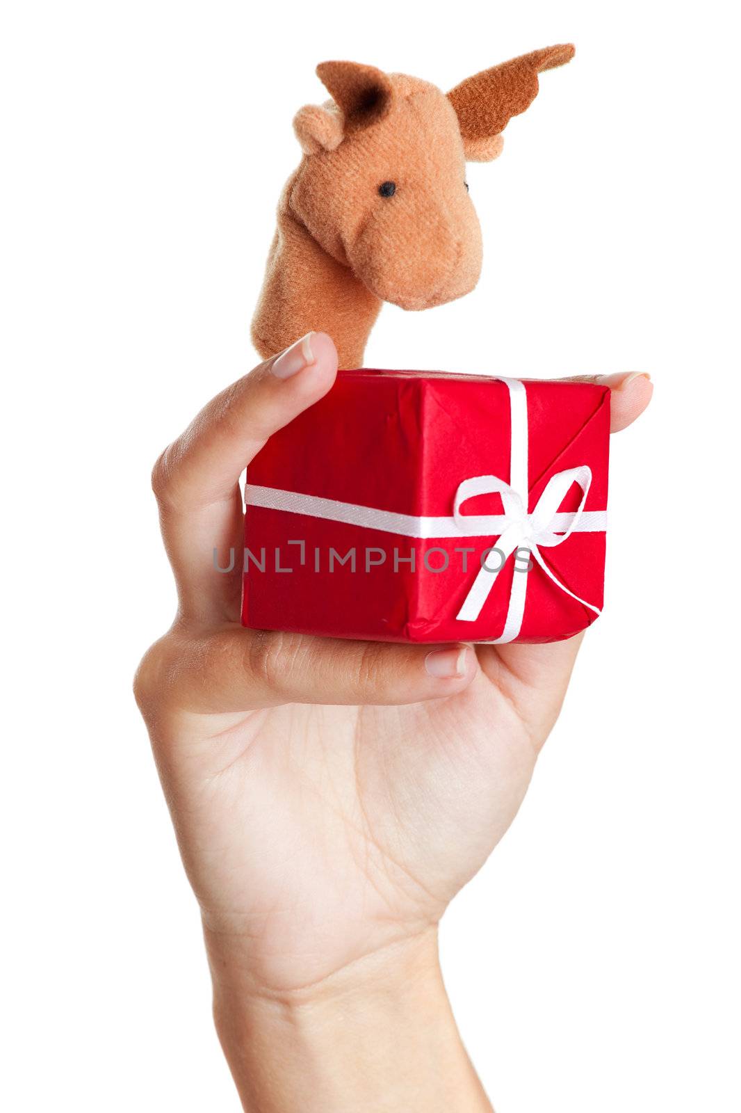 Female hand wearing a reindeer puppet, holding a christmas gift