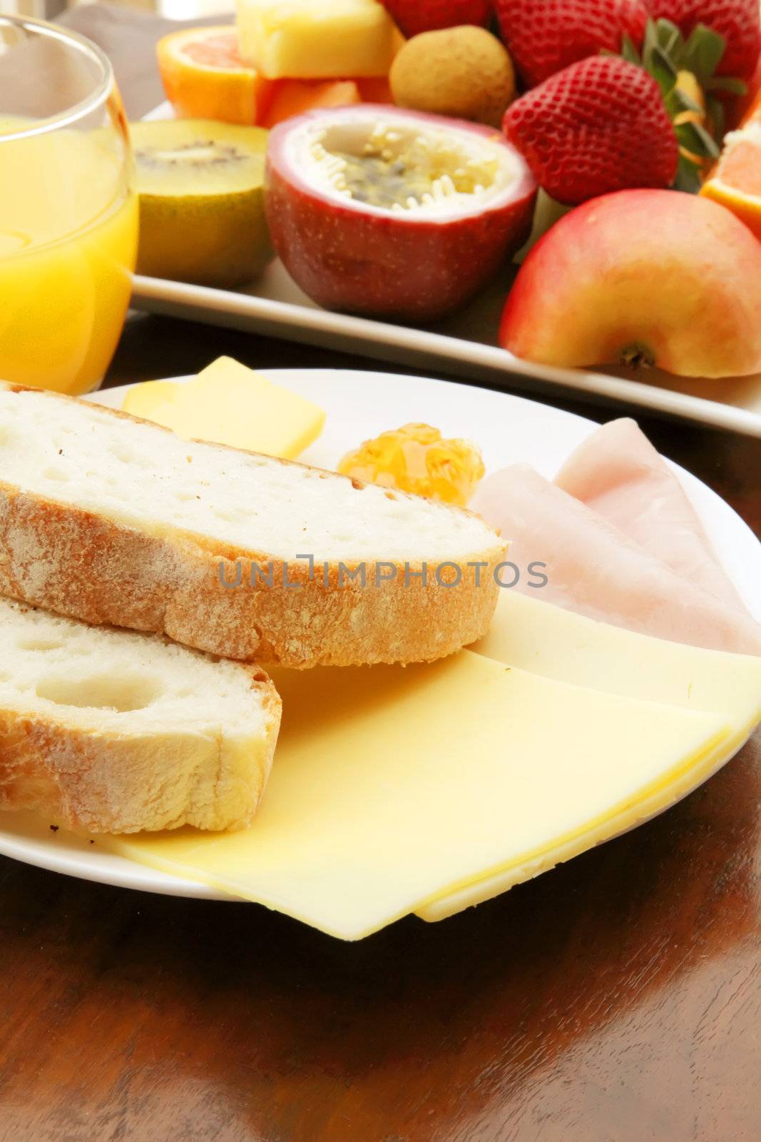 Breakfast Meal with Bread Ham and Cheese