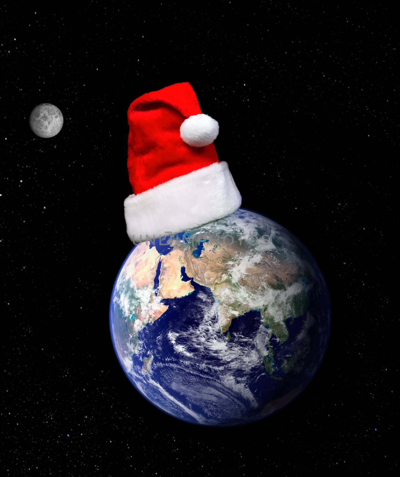 Earth globe and santa hat on a dark background with moon and twinkling stars. Concept, Christmas around the world, Christmas holidays, etc    Earth globe showing Europe and Asia from Nasa terra satellite MODIS.  Space for copy.