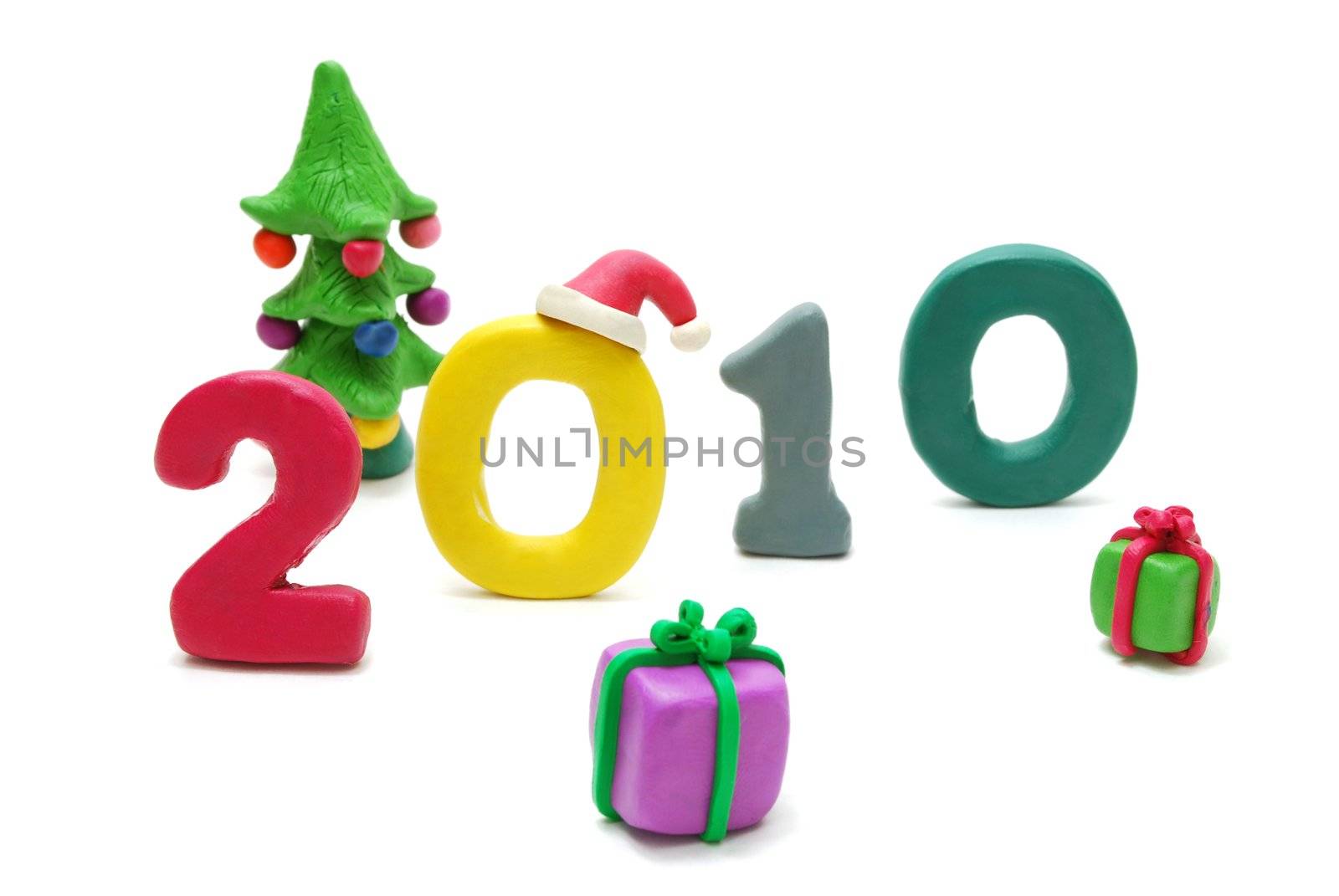 3D New Year Text 2010 Made of Colored Plasticine with Gifts Isolated on White Background