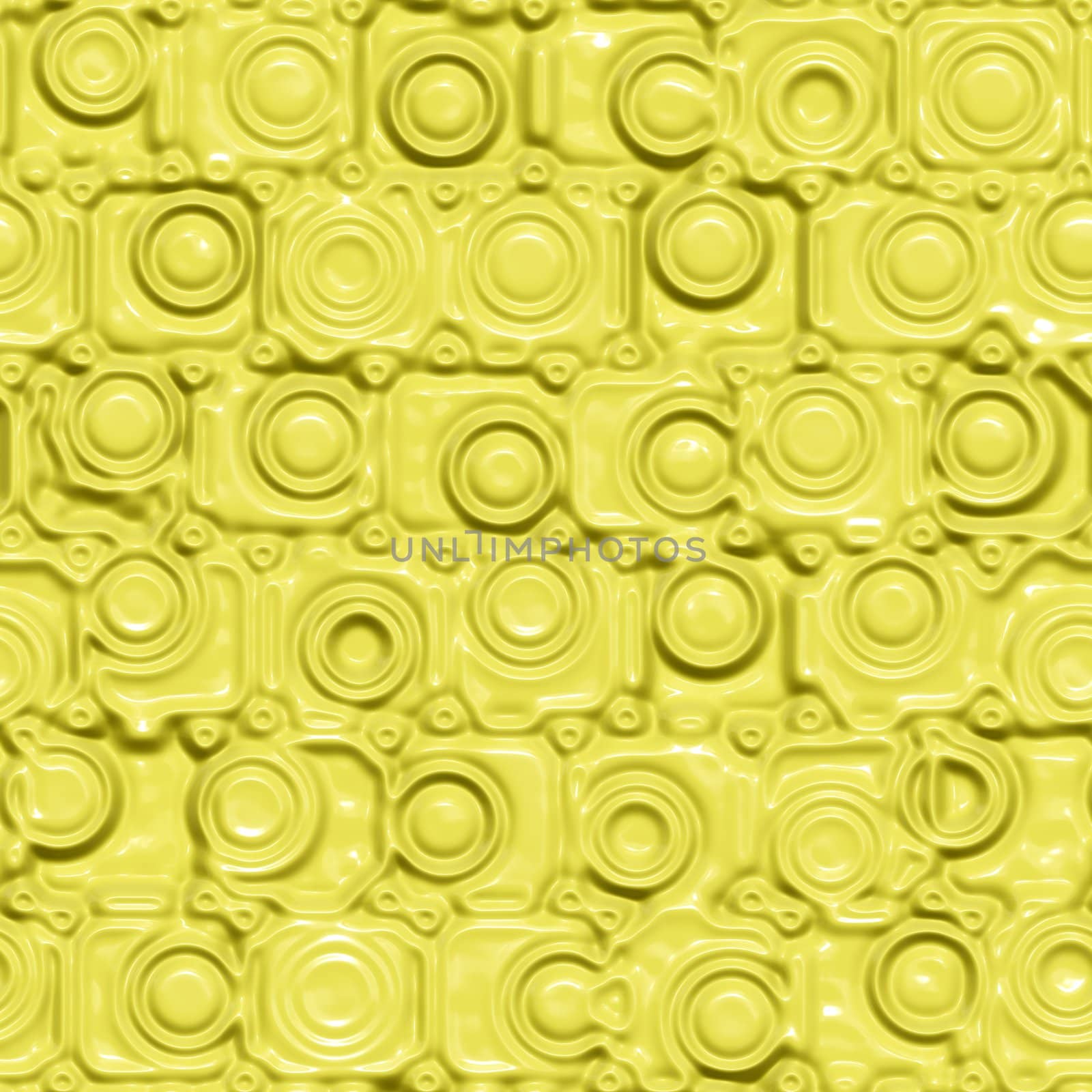 seamless 3d plastic texture with abstract imprinted dots and blocks in yellow