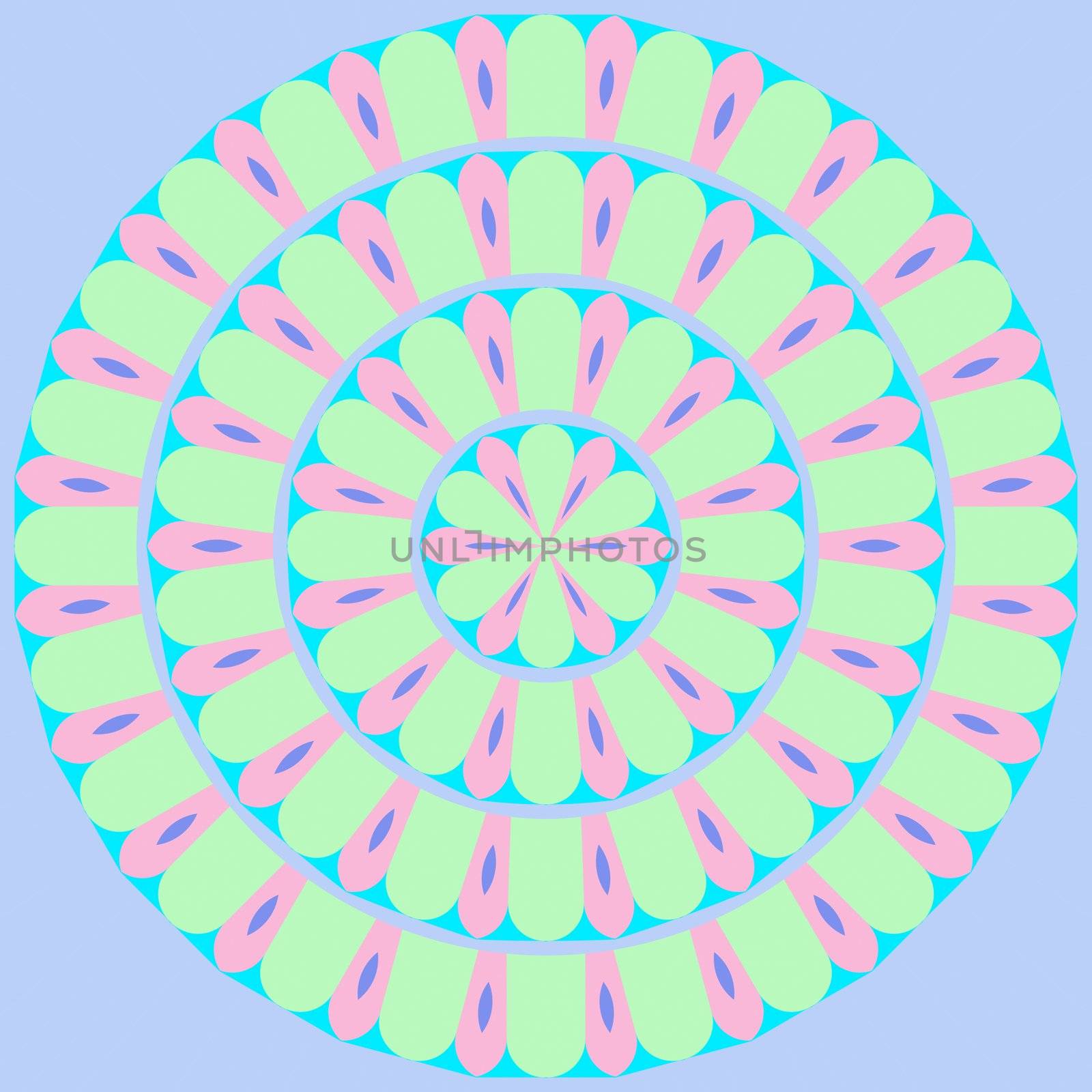  flower like mandala symbol in soft pink, blue and green colors