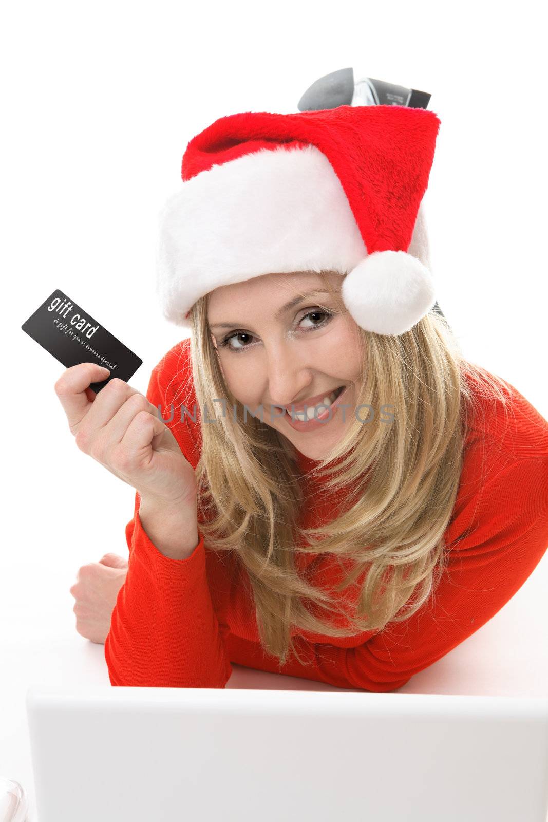 Save your legs.  Blonde santa girl with a gift card or credit or debit card conveniently shopping online.  Add your own card, brochure, etc in her hand  or replace the text with your own design.