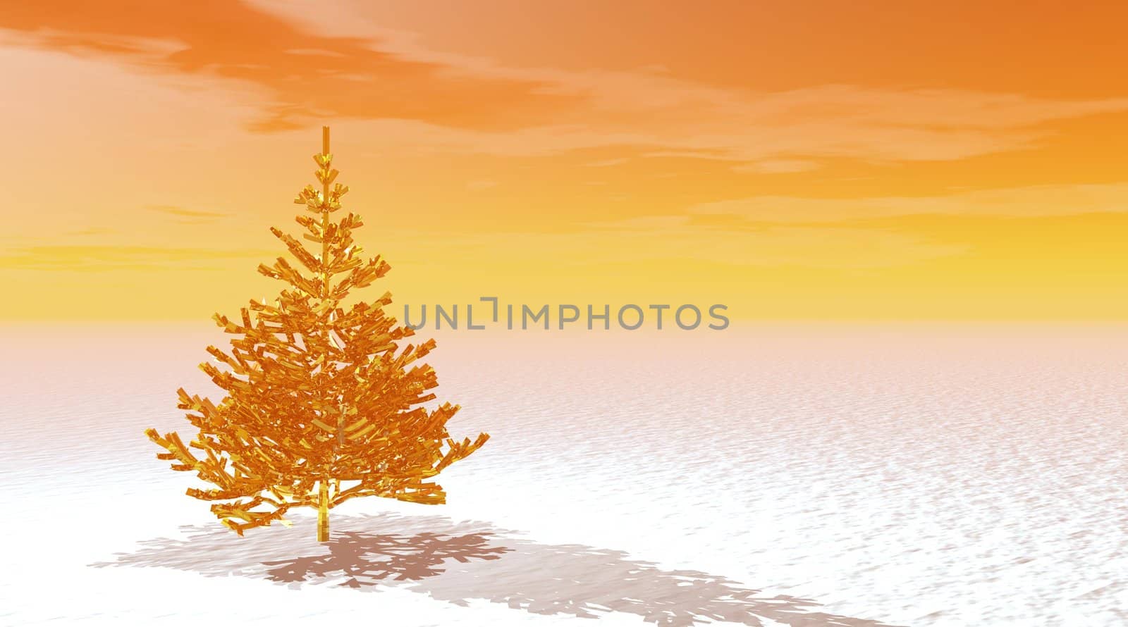 One gold fir tree on snow by orange sunrise background