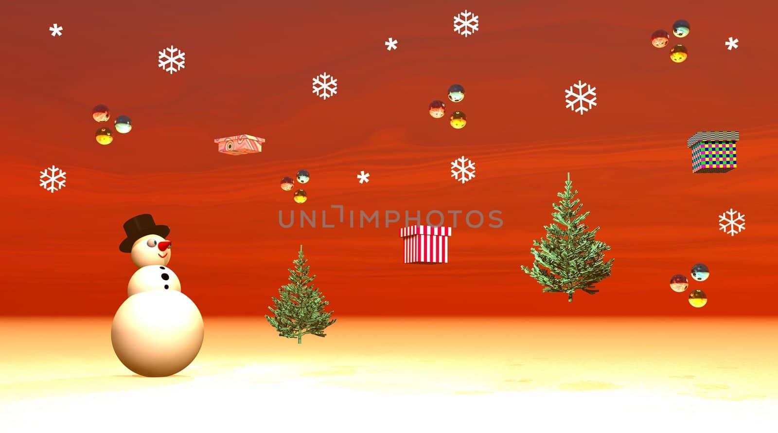 Snowman wearing a black hat and looking at gifts, balls and fir trees flying in the red snowing sky