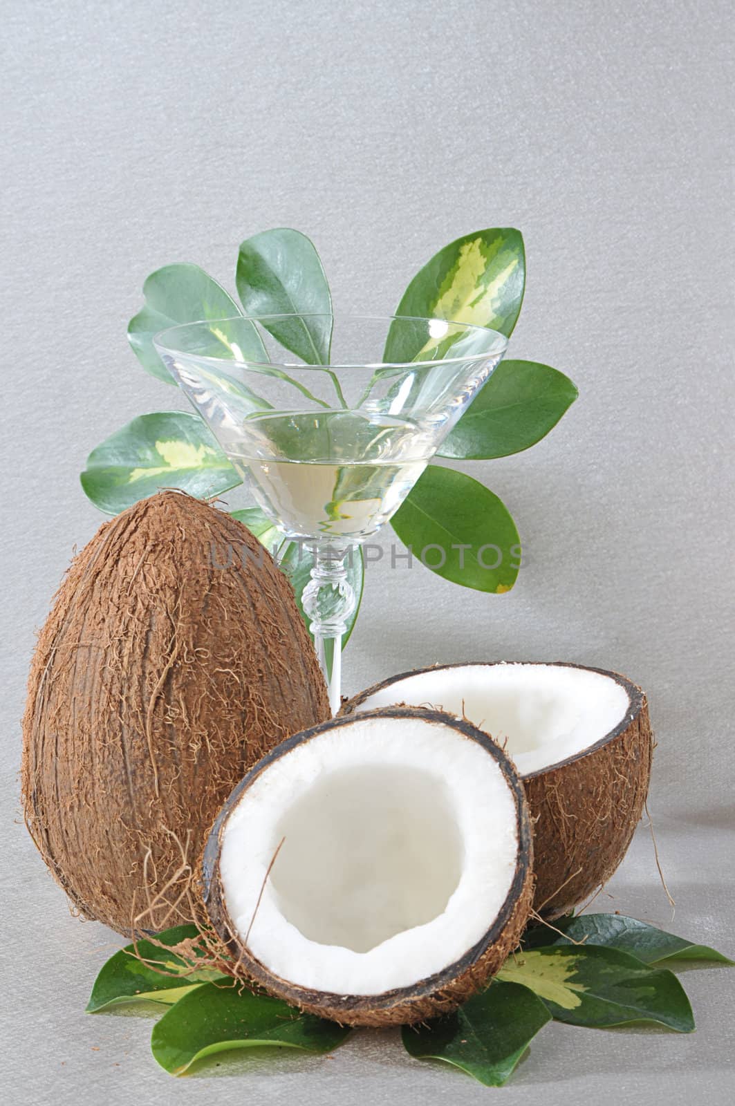 Broken coconut and glass of white wine