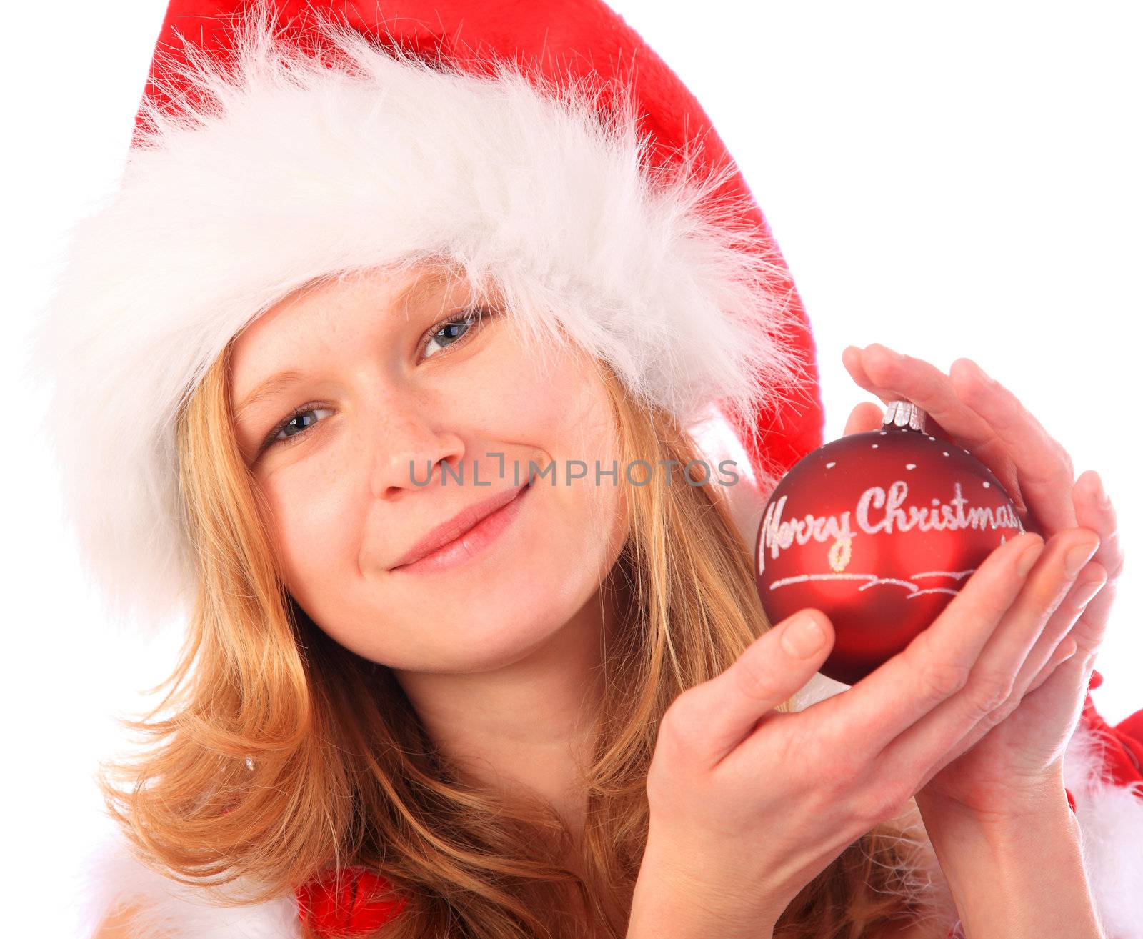 Miss Santa is Holding a Red Christmas Tree Ball by PixBox