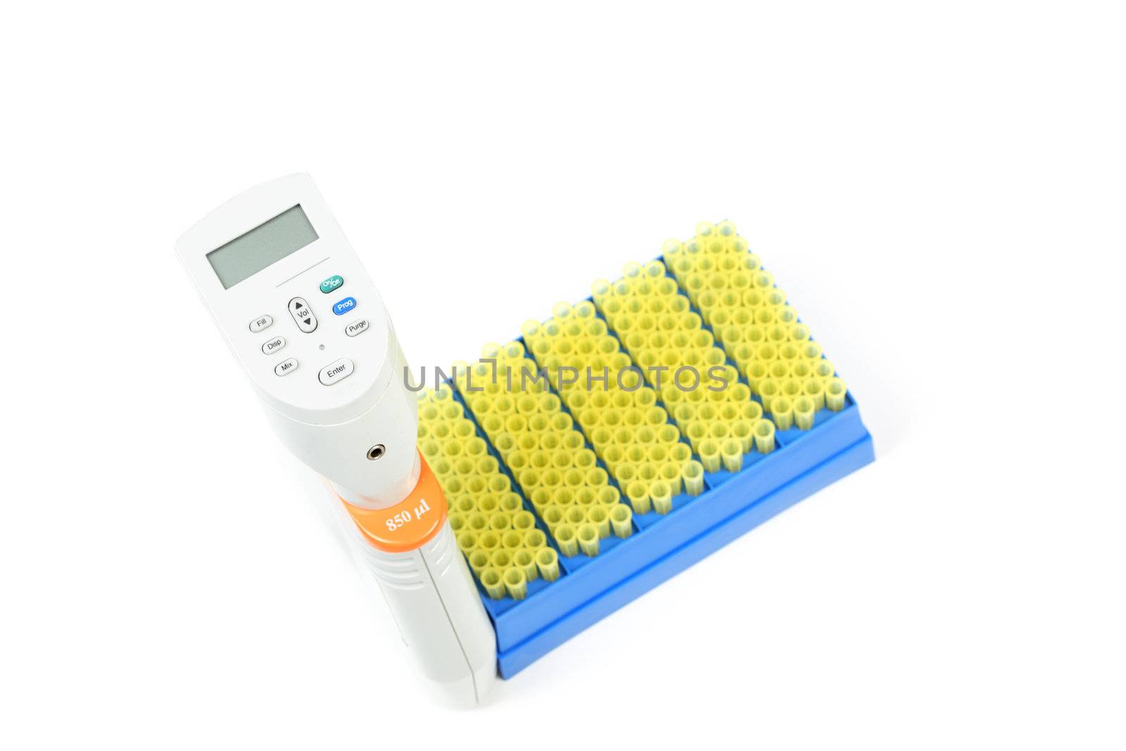 Electronic multi channel pipettor and rack of pipette tips.  Used for research and analysis in the medical and scientific industries.