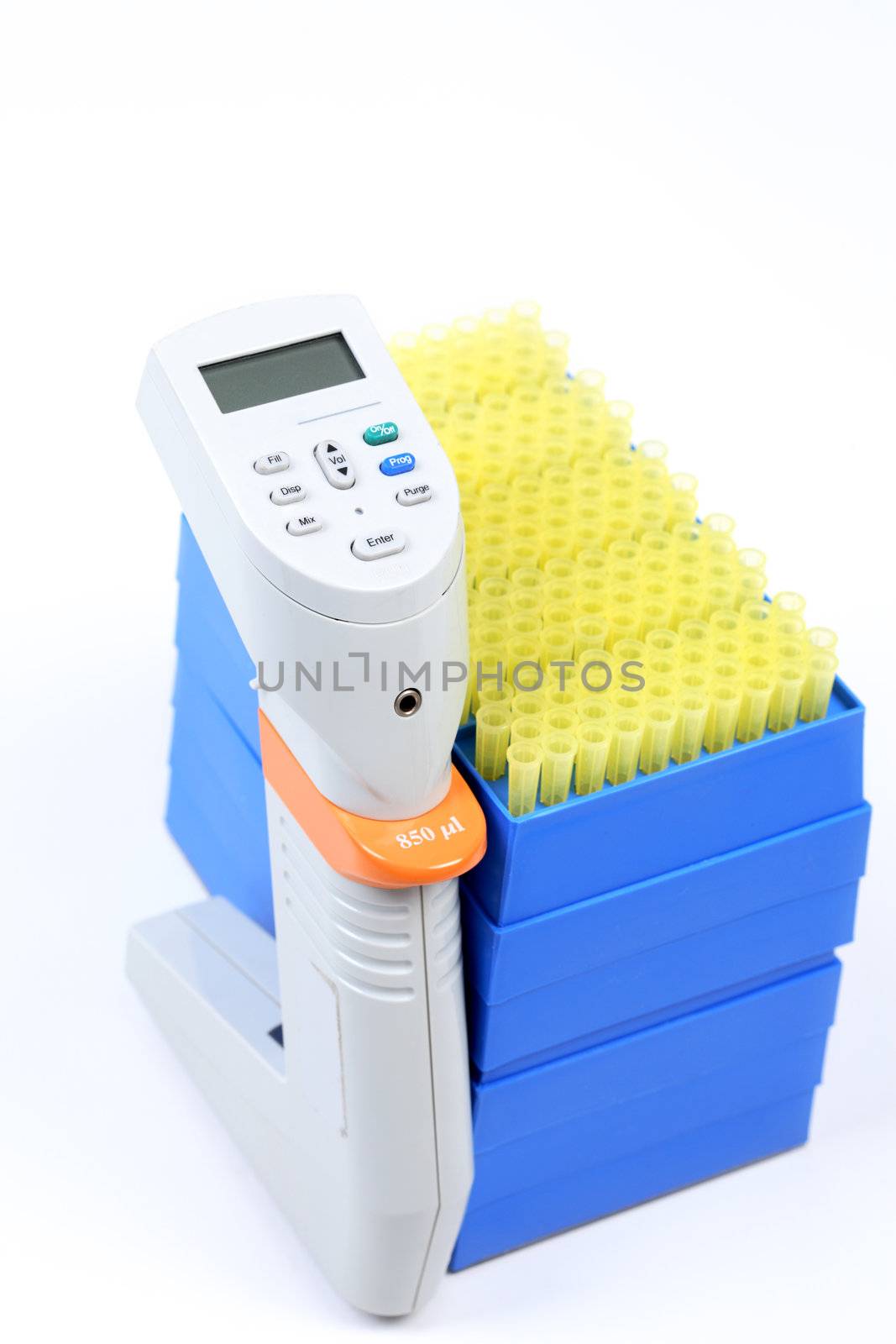 850ul 12 way pipette and racks of pipet tips. Multichannel pipettes allow you to utilize the power of electronic pipetting in microplate form.  It feature step-based programming that allows you to perform pipetting routines that would either be cumbersome or even impossible with manual pipettors