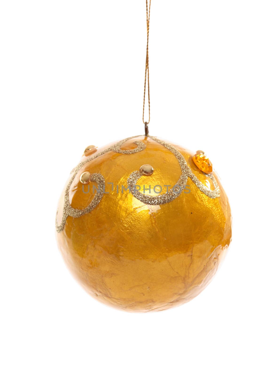 Yellow resin Christmas bauble decorated with glitter and beads.