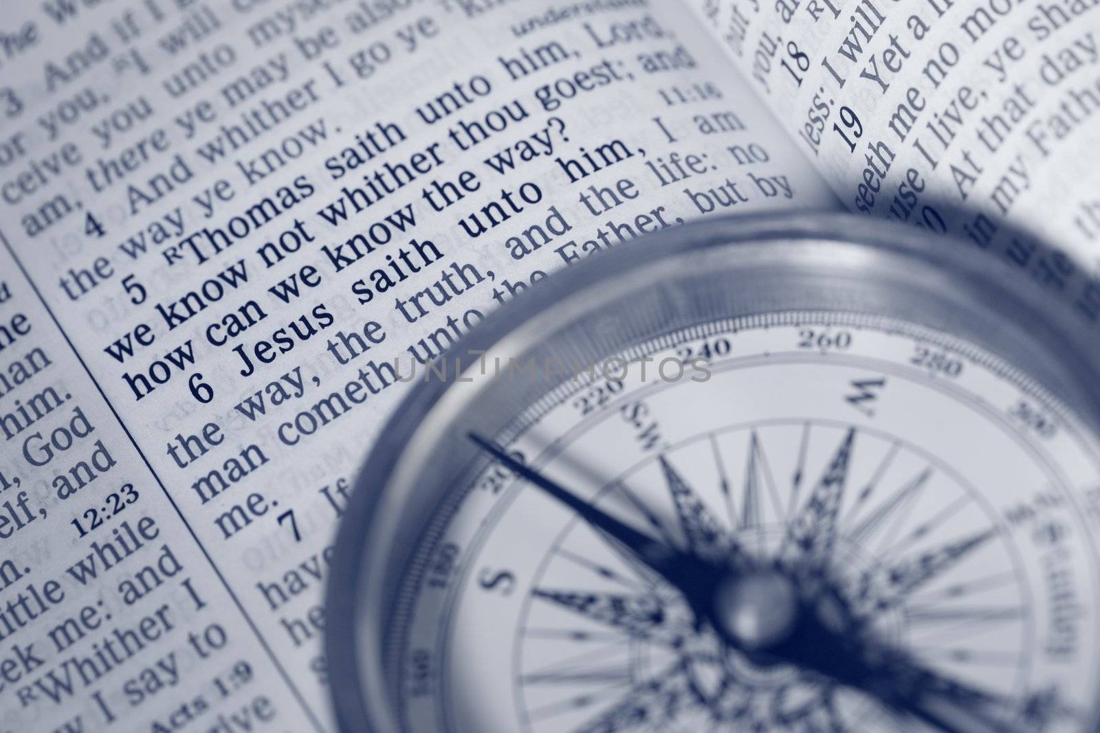 The way of Life - compass, bible and Jesus words to disciple Thomas.