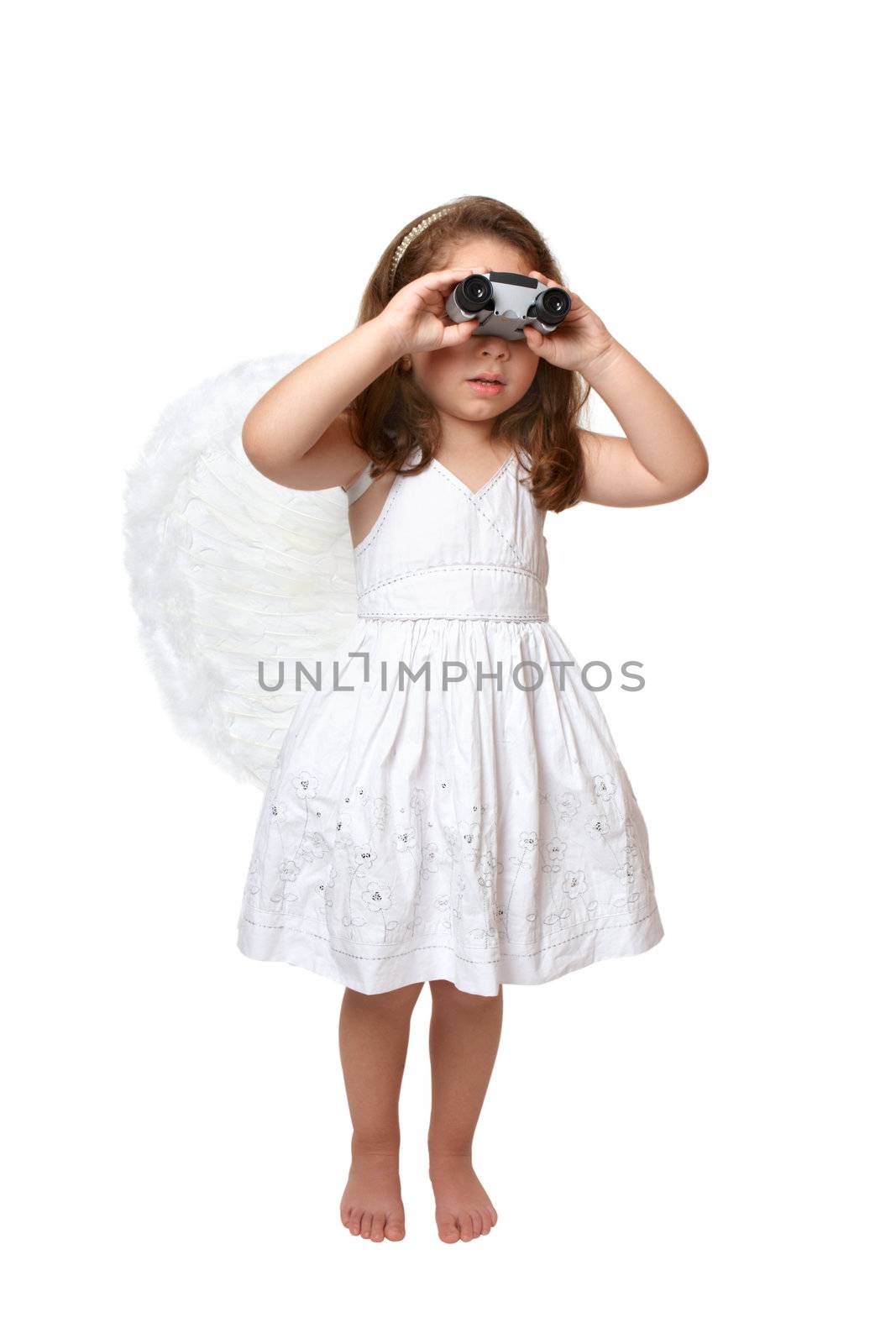 A heavenly angel girl in white dress and feathered wings using binoculars to look, keep watch or see something