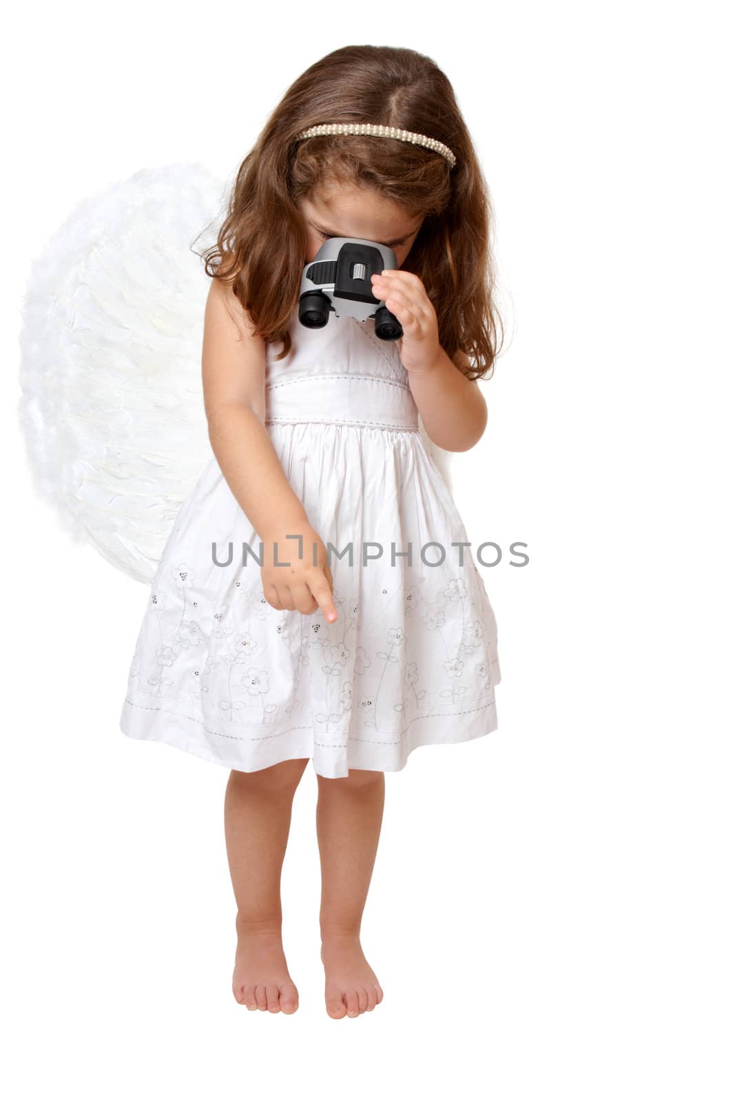 A little angel in white dress and feathered wings looks down from heaven.  She is using binoculars.