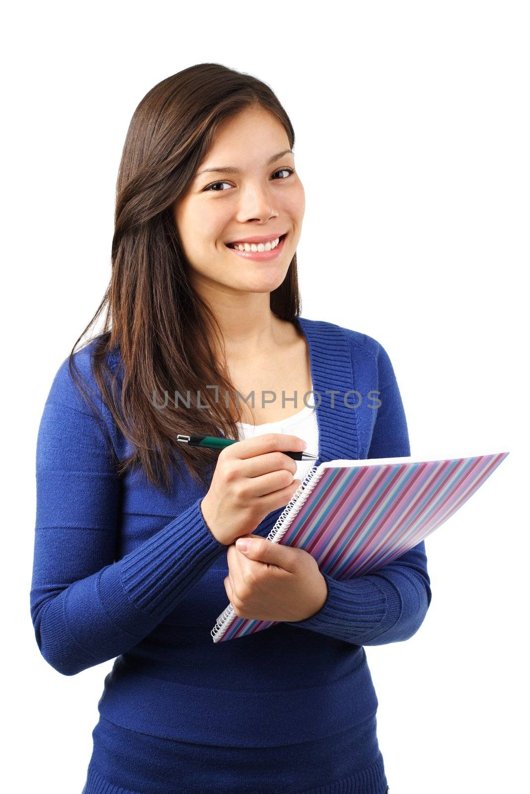 Woman university student writing in notebooks. Isolated on white background.