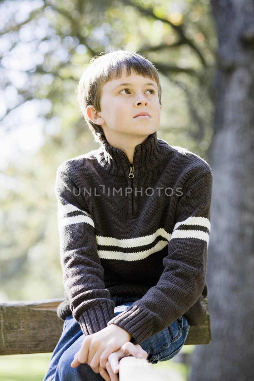 Portrait of a Cute Young Boy Sitting on a Wooden Railing Looking Away From Camera