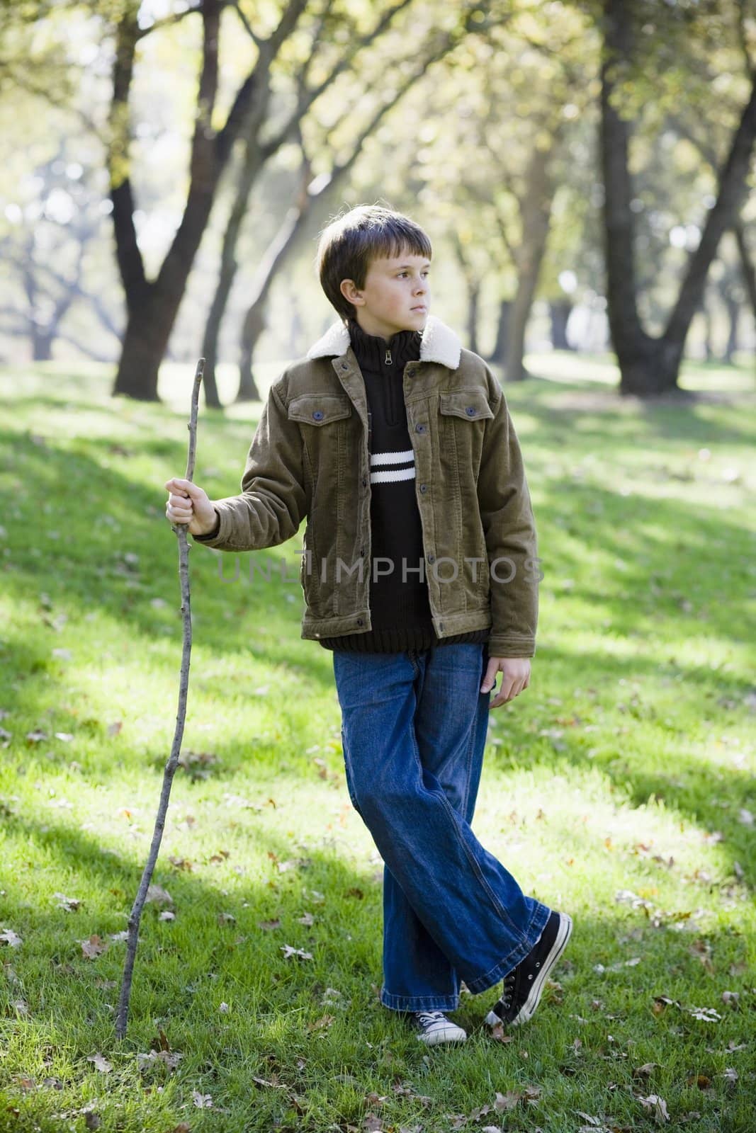 Young Boy Standing With Stick in a Park Looking Away From Camera