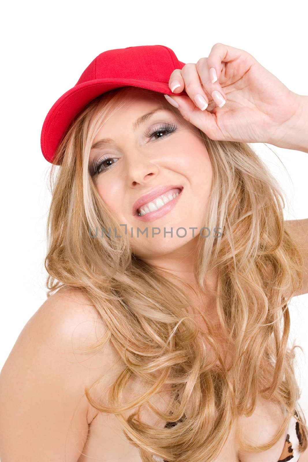 Vacation time.   Smiling girl in beach swimwear and hat