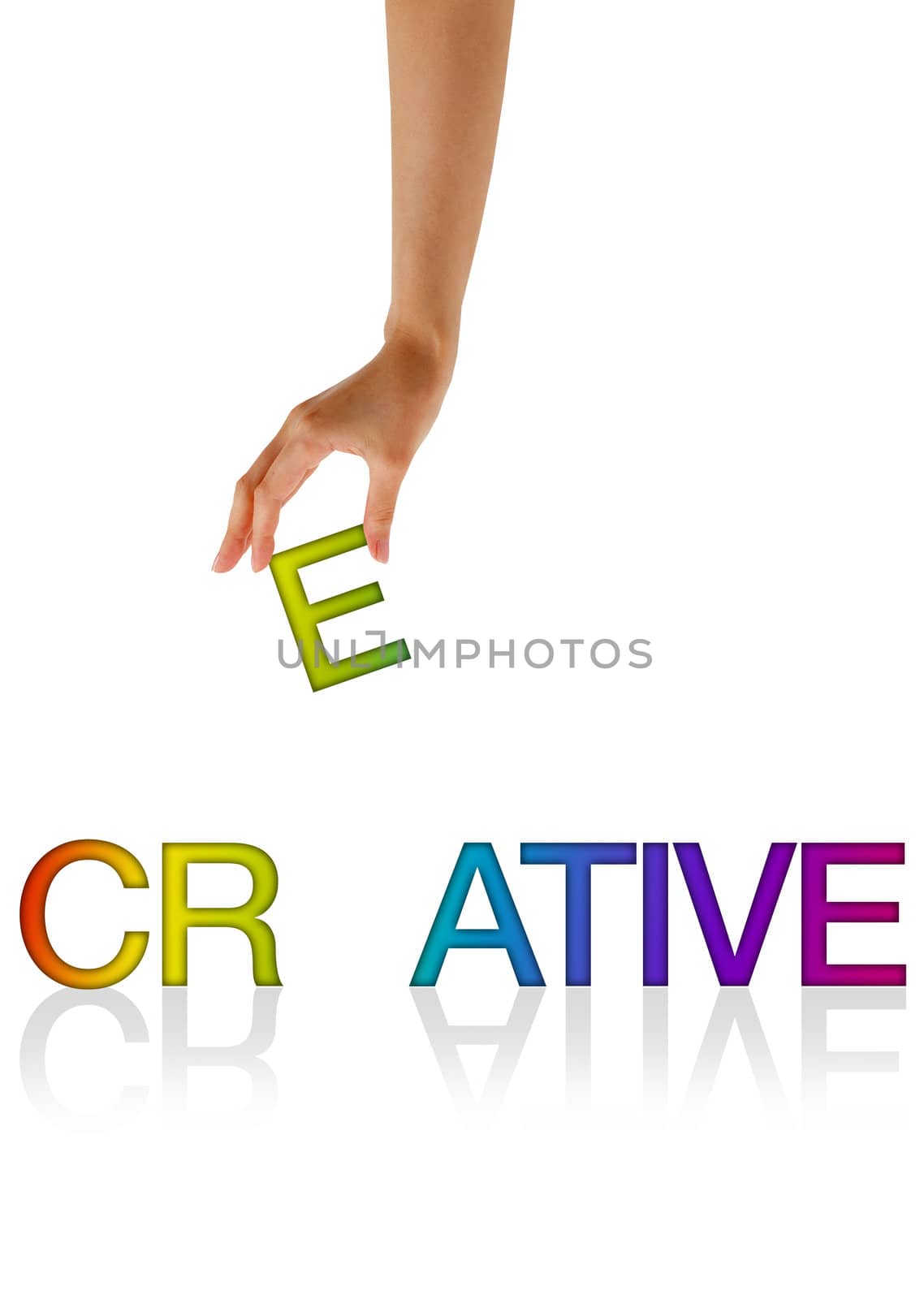 High resolution graphic of a hand holding the letter E from the word Creative.