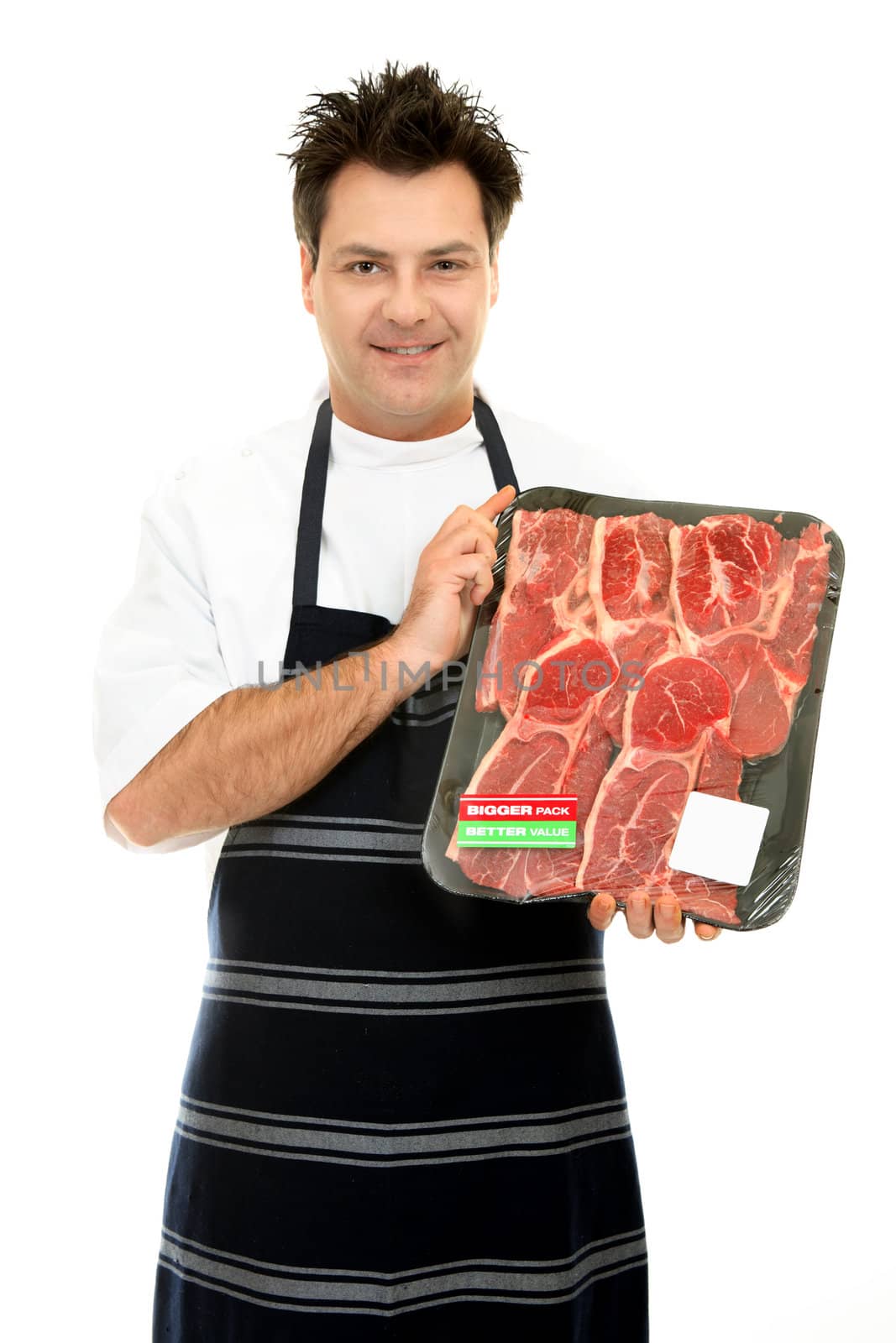 Congenial butcher holding up some fresh tender steak