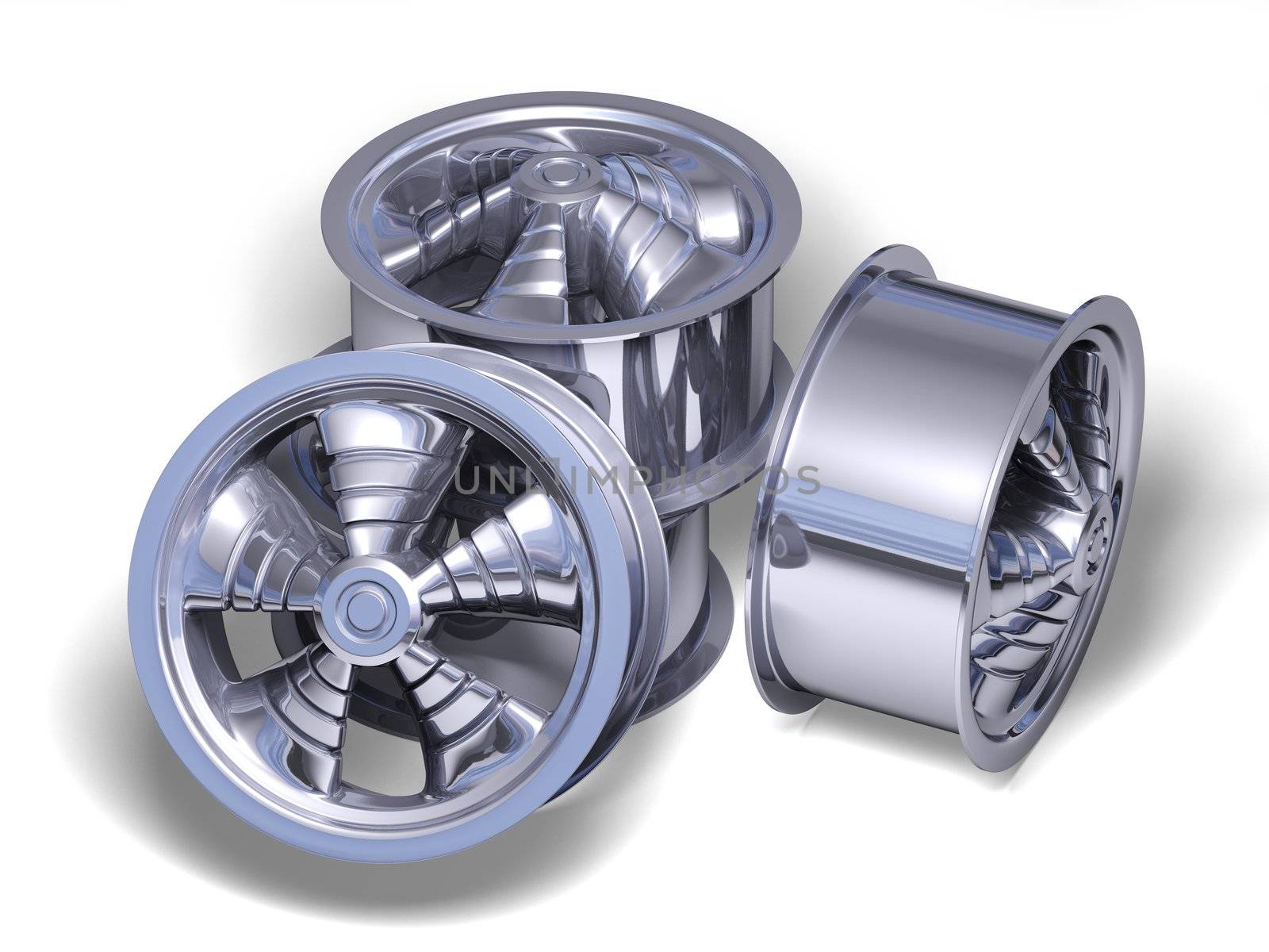 Four chromed helix rims on a white background