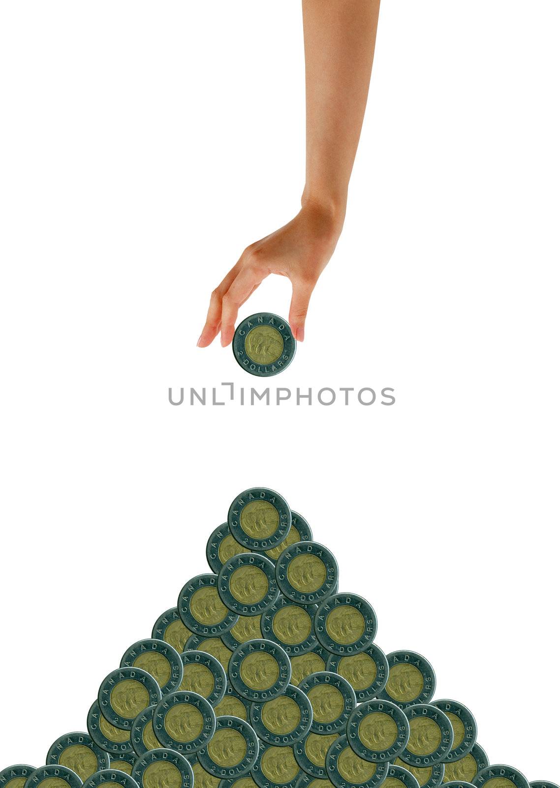 High resolution graphic of a hand holding a two canadian dollar coin. 