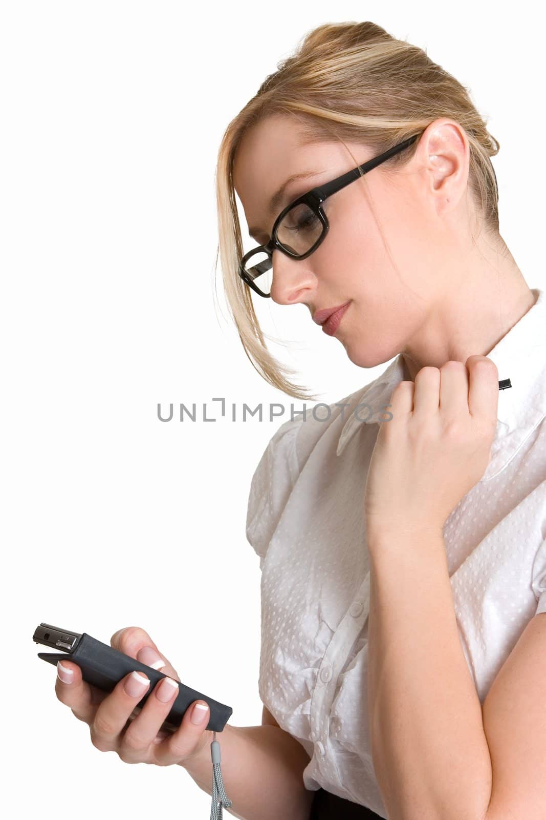 Business woman using a pda loaded with application software