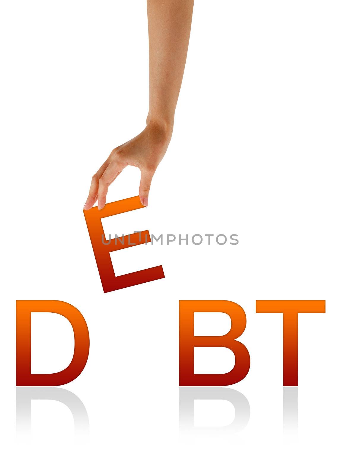 High resolution graphic of a hand holding the letter E from the word debt.