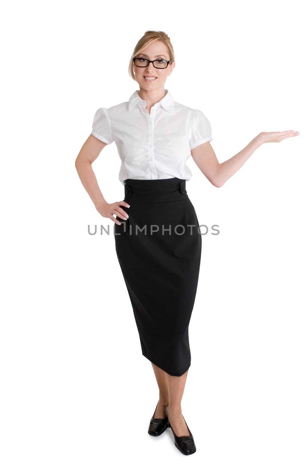 Businesswoman with hand outstretched demonstrating or showcasing a product.