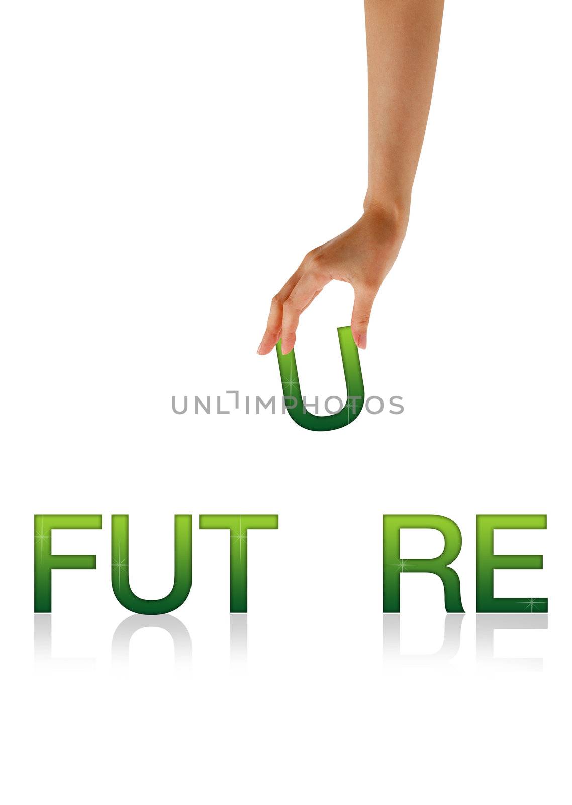 High resolution graphic of a hand holding the letter U from the word Future.