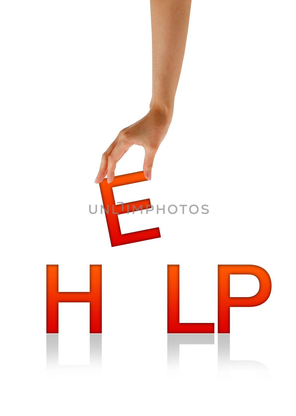 High resolution graphic of a hand holding the letter E from the word Help.