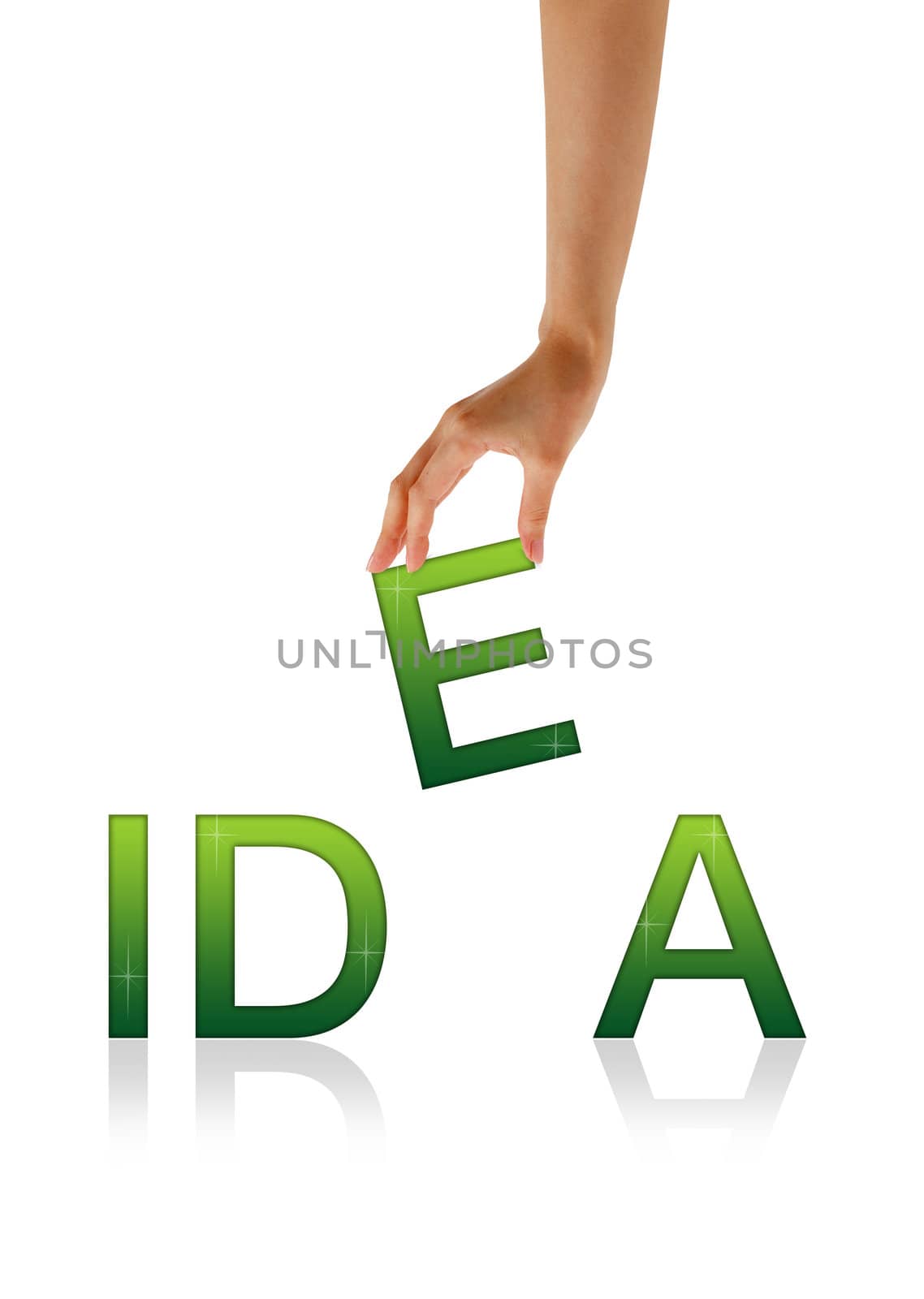 High resolution graphic of a hand holding the letter E from the word Idea.