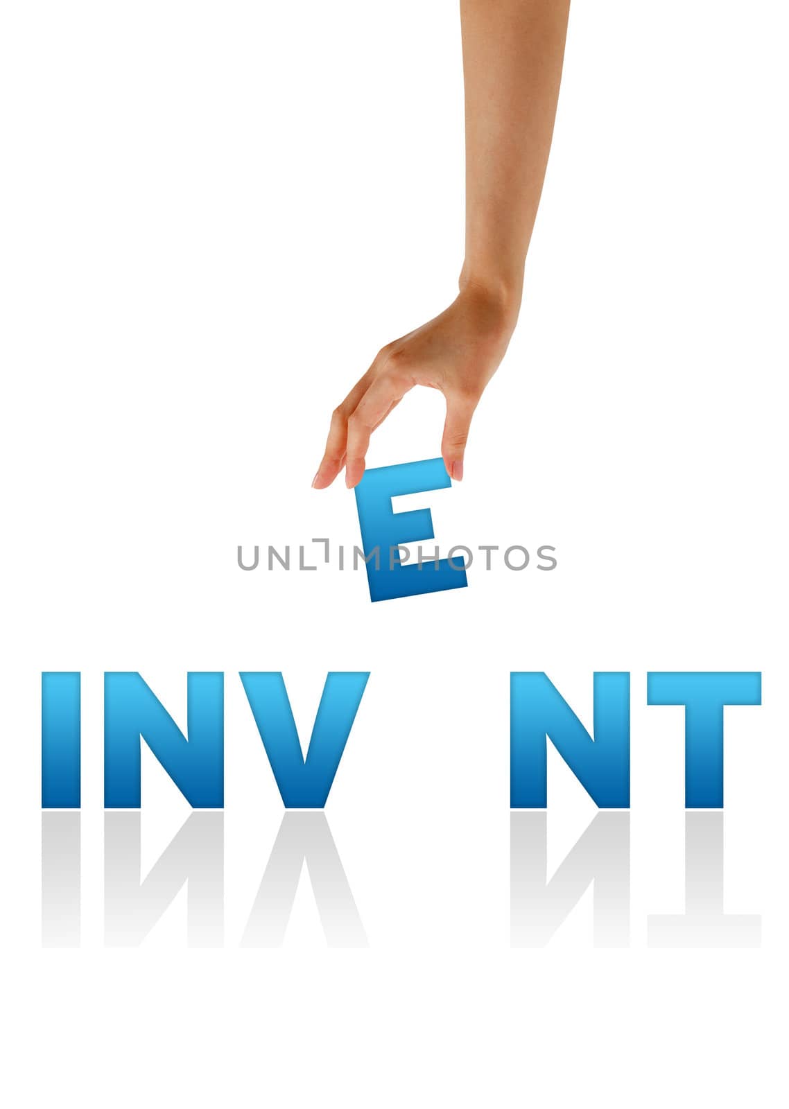 High resolution graphic of a hand holding the letter E from the word Invent