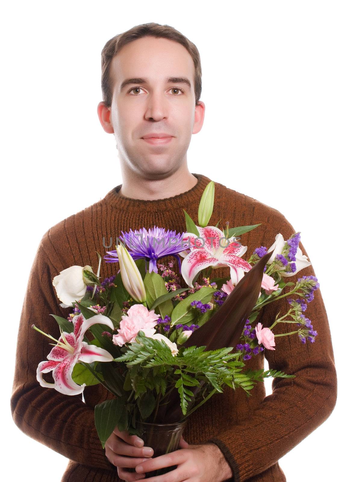 A male florist holding a bouquet of flowers, isolated against a white background