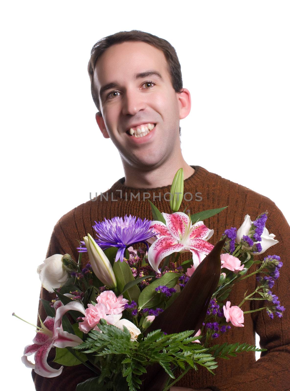 A smiling male florist is holding a lily bouquet, isolated against a white background