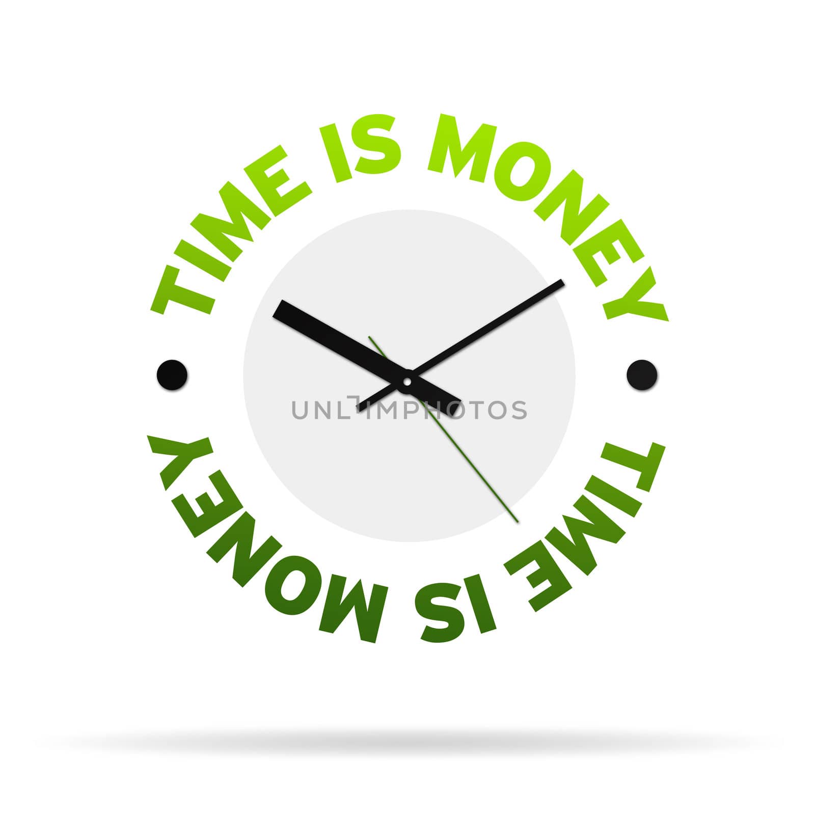 Clock with the words time is money on white background.