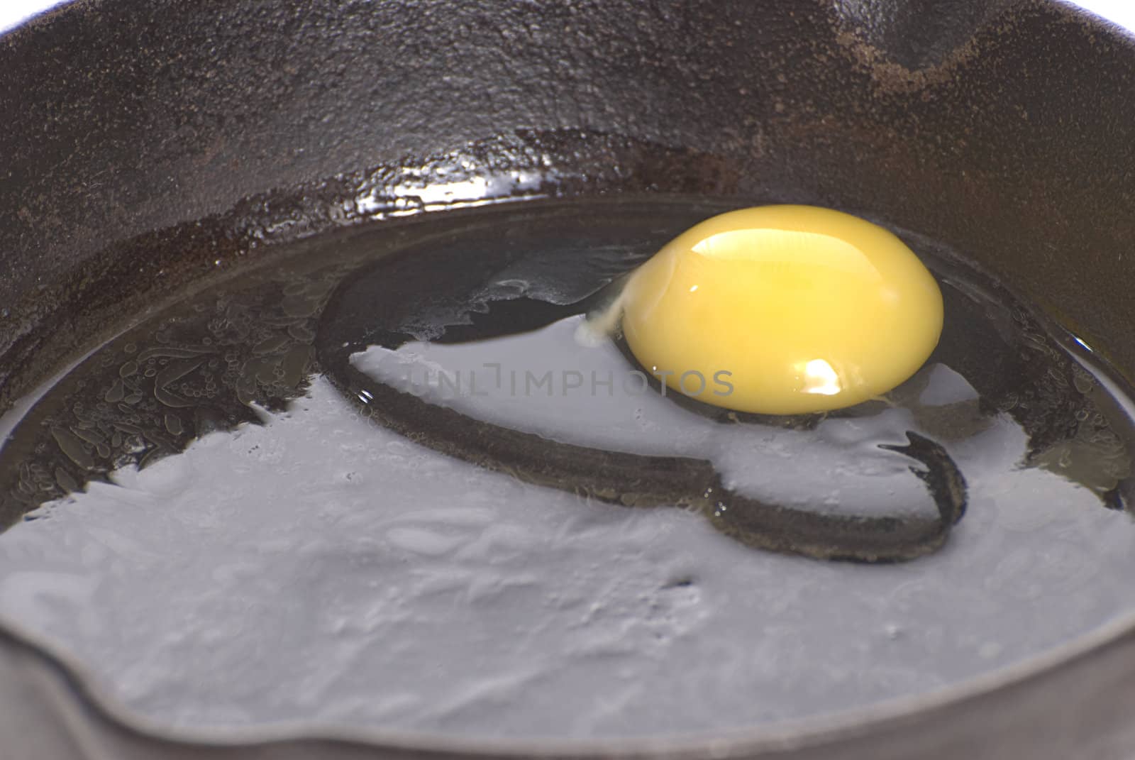 Closeup view of a fresh egg frying in the bottom of a cast iron pan