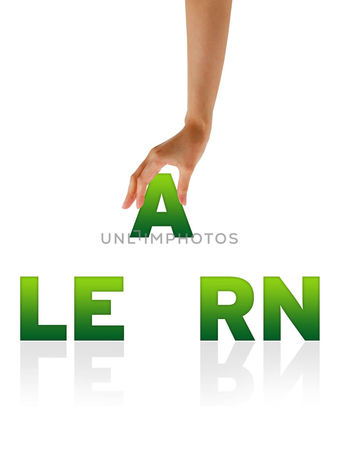 High resolution graphic of a hand holding the letter A of the word Learn. 