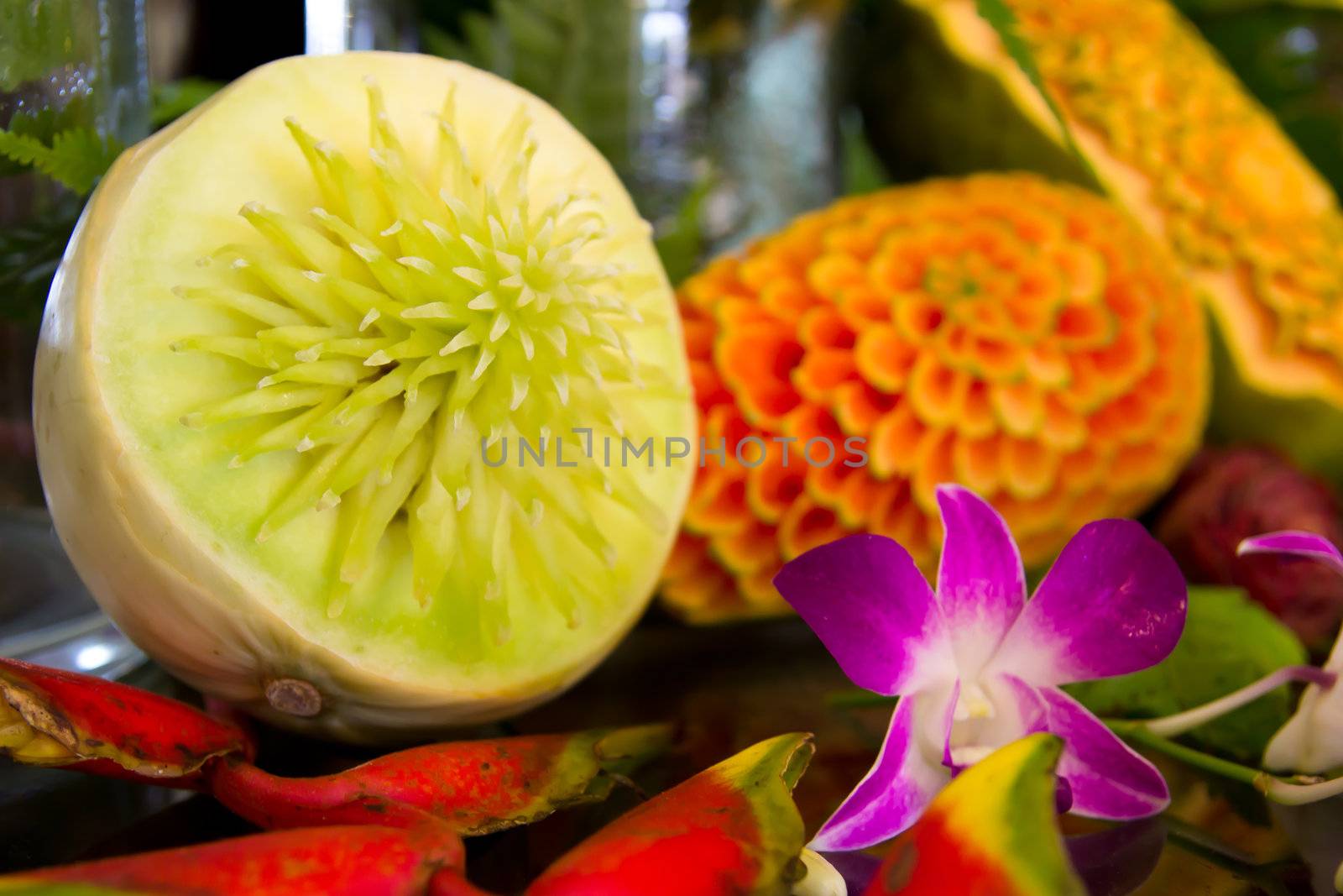 An assortment of fresh carved mix fruits