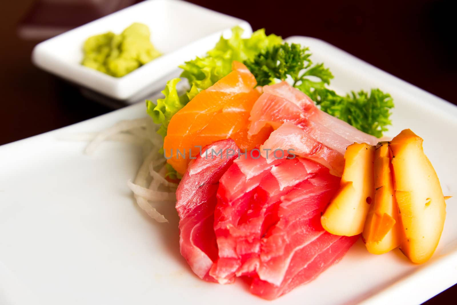 Japanese food sashimi mix with salmon, tuna and octopus